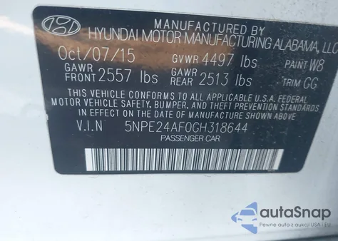 2016 Hyundai Sonata Se from USA, damaged, VIN 5NPE24AF0GH318644